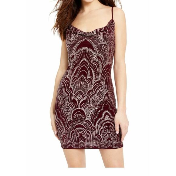JUMP Dresses & Skirts - JUMP Womens Glitter Spaghetti Strap Cowl Neck Mini Evening Body Con Dress